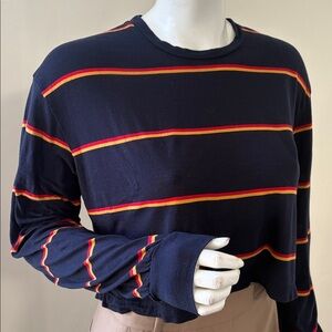 Reformation Navy Cropped Boxy Red & Orange Striped Long Sleeve Crewneck Tee